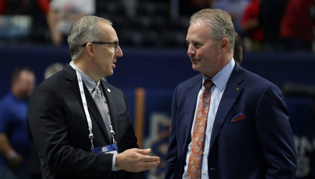 Dec 2, 2017; Atlanta, GA, USA; Southeastern Conference commissioner Greg Sankey (left) talks with Auburn Tigers athletic director Jay Jacobs before the SEC Championship game at Mercedes-Benz Stadium between the Auburn Tigers and the Georgia Bulldogs. Mandatory Credit: Marvin Gentry-USA TODAY Sports