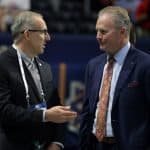 Dec 2, 2017; Atlanta, GA, USA; Southeastern Conference commissioner Greg Sankey (left) talks with Auburn Tigers athletic director Jay Jacobs before the SEC Championship game at Mercedes-Benz Stadium between the Auburn Tigers and the Georgia Bulldogs. Mandatory Credit: Marvin Gentry-USA TODAY Sports