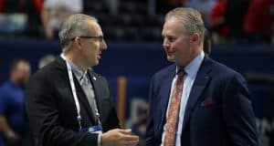 Dec 2, 2017; Atlanta, GA, USA; Southeastern Conference commissioner Greg Sankey (left) talks with Auburn Tigers athletic director Jay Jacobs before the SEC Championship game at Mercedes-Benz Stadium between the Auburn Tigers and the Georgia Bulldogs. Mandatory Credit: Marvin Gentry-USA TODAY Sports