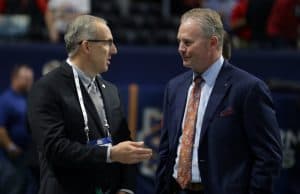 Dec 2, 2017; Atlanta, GA, USA; Southeastern Conference commissioner Greg Sankey (left) talks with Auburn Tigers athletic director Jay Jacobs before the SEC Championship game at Mercedes-Benz Stadium between the Auburn Tigers and the Georgia Bulldogs. Mandatory Credit: Marvin Gentry-USA TODAY Sports