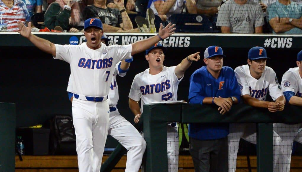 Jun 17, 2018; Omaha, NE, USA; Florida Gators head coach Kevin O'Sullivan calls for a balk that brings in a run in the third inning against the Texas Tech Red Raiders during the College World Series at TD Ameritrade Park. Mandatory Credit: Steven Branscombe-USA TODAY Sports