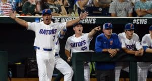 Jun 17, 2018; Omaha, NE, USA; Florida Gators head coach Kevin O'Sullivan calls for a balk that brings in a run in the third inning against the Texas Tech Red Raiders during the College World Series at TD Ameritrade Park. Mandatory Credit: Steven Branscombe-USA TODAY Sports