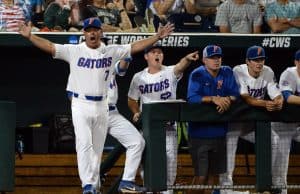 Jun 17, 2018; Omaha, NE, USA; Florida Gators head coach Kevin O'Sullivan calls for a balk that brings in a run in the third inning against the Texas Tech Red Raiders during the College World Series at TD Ameritrade Park. Mandatory Credit: Steven Branscombe-USA TODAY Sports