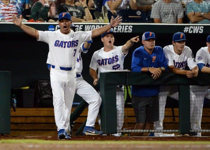 Jun 17, 2018; Omaha, NE, USA; Florida Gators head coach Kevin O'Sullivan calls for a balk that brings in a run in the third inning against the Texas Tech Red Raiders during the College World Series at TD Ameritrade Park. Mandatory Credit: Steven Branscombe-USA TODAY Sports