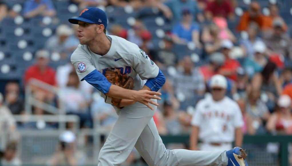 Jun 19, 2018; Omaha, NE, USA; Florida Gators pitcher Jackson Kowar (37) pitches in the first inning against the Texas Longhorns in the College World Series at TD Ameritrade Park. Mandatory Credit: Steven Branscombe-USA TODAY Sports