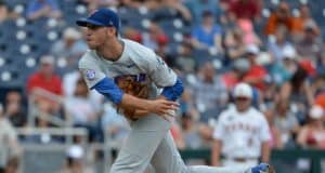 Jun 19, 2018; Omaha, NE, USA; Florida Gators pitcher Jackson Kowar (37) pitches in the first inning against the Texas Longhorns in the College World Series at TD Ameritrade Park. Mandatory Credit: Steven Branscombe-USA TODAY Sports