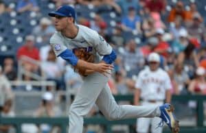 Jun 19, 2018; Omaha, NE, USA; Florida Gators pitcher Jackson Kowar (37) pitches in the first inning against the Texas Longhorns in the College World Series at TD Ameritrade Park. Mandatory Credit: Steven Branscombe-USA TODAY Sports