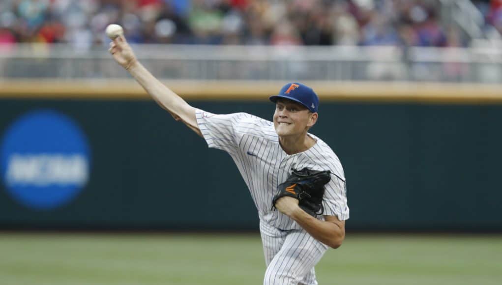 Jun 21, 2018; Omaha, NE, USA; Florida Gators pitcher Jack Leftwich (23) throws against the Texas Tech Red Raiders in the first inning in the College World Series at TD Ameritrade Park. Mandatory Credit: Bruce Thorson-USA TODAY Sports