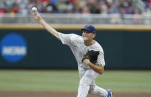 Jun 21, 2018; Omaha, NE, USA; Florida Gators pitcher Jack Leftwich (23) throws against the Texas Tech Red Raiders in the first inning in the College World Series at TD Ameritrade Park. Mandatory Credit: Bruce Thorson-USA TODAY Sports