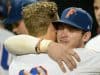 Jun 22, 2018; Omaha, NE, USA; Florida Gators second baseman Blake Reese (12) and shortstop Deacon Liput (8) hug after the loss against the Arkansas Razorbacks in the College World Series at TD Ameritrade Park. Mandatory Credit: Steven Branscombe-USA TODAY Sports