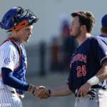 University of Florida catcher JJ Schwarz shakes hands with Auburn outfielder Conor Davis after the conclusion of the Gators and Tigers three-game series- Florida Gators baseball- 1280x853