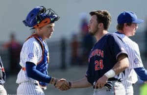 University of Florida catcher JJ Schwarz shakes hands with Auburn outfielder Conor Davis after the conclusion of the Gators and Tigers three-game series- Florida Gators baseball- 1280x853