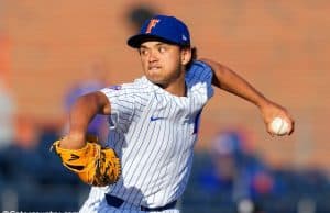 University of Florida freshman pitcher Jordan Butler delivers to the mound against the Florida State Seminoles- Florida Gators baseball- 1280x853