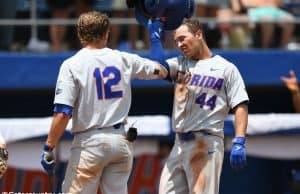 University of Florida outfielder Austin Langworthy is greeted by Blake Reese after Langworthy’s game tying home run in the Gainesville Super Regional- Florida Gators baseball- 1280x853