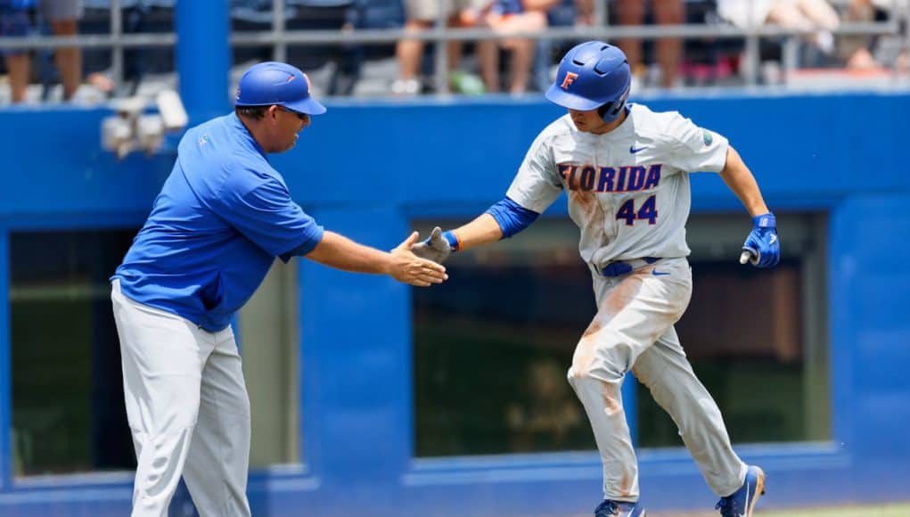 University of Florida outfielder Austin Langworthy rounds third after a home run against the Auburn Tigers in the Gainesville Super Regional- Florida Gators baseball- 1280x853