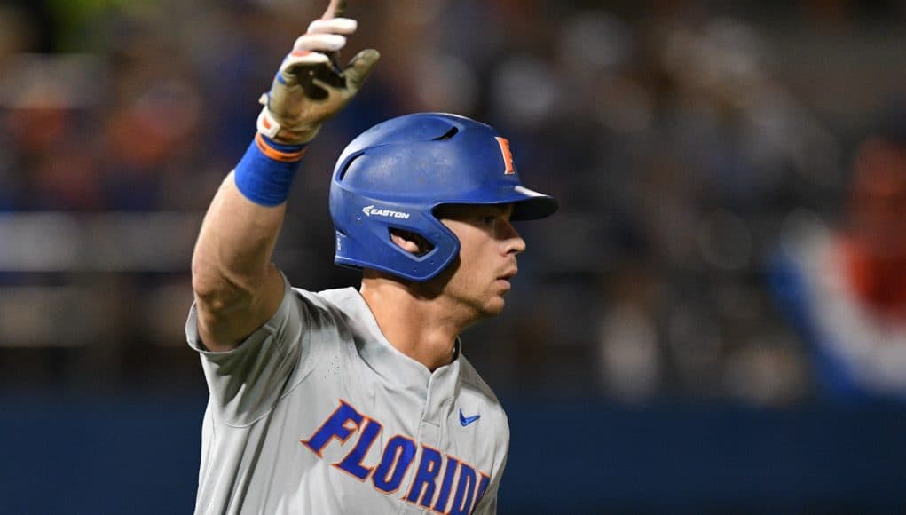 University of Florida outfielder Wil Dalton reacts to a home run in the fourth inning against the Jacksonville Dolphins in the Gainesville Regional- Florida Gators baseball- 1280x853