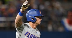 University of Florida outfielder Wil Dalton reacts to a home run in the fourth inning against the Jacksonville Dolphins in the Gainesville Regional- Florida Gators baseball- 1280x853