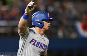 University of Florida outfielder Wil Dalton reacts to a home run in the fourth inning against the Jacksonville Dolphins in the Gainesville Regional- Florida Gators baseball- 1280x853