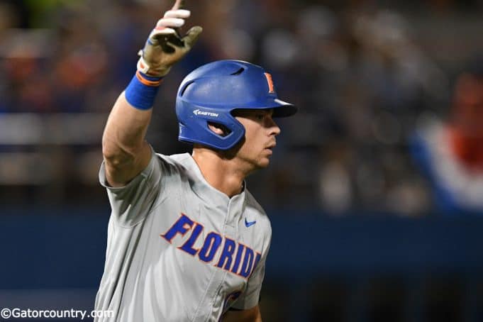 University of Florida outfielder Wil Dalton reacts to a home run in the fourth inning against the Jacksonville Dolphins in the Gainesville Regional- Florida Gators baseball- 1280x853