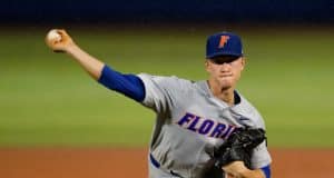University of Florida pitcher Brady Singer throws against Jacksonville in the rain during the Gainesville Regional- Florida Gators baseball- 1280x853