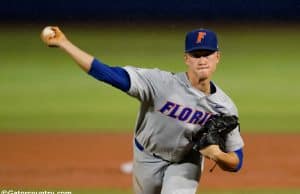 University of Florida pitcher Brady Singer throws against Jacksonville in the rain during the Gainesville Regional- Florida Gators baseball- 1280x853