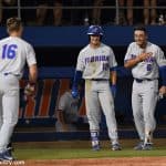 University of Florida third baseman Jonathan India and Blake Reese meet Wil Dalton at the plate after his home run against Jacksonville in the Gainesville Regional- Florida Gators baseball- 1280x853