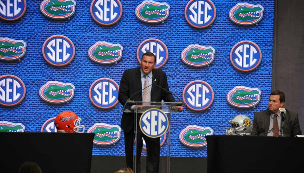 Florida Gators head coach Dan Mullen speaks at SEC Media Days- 1280x850