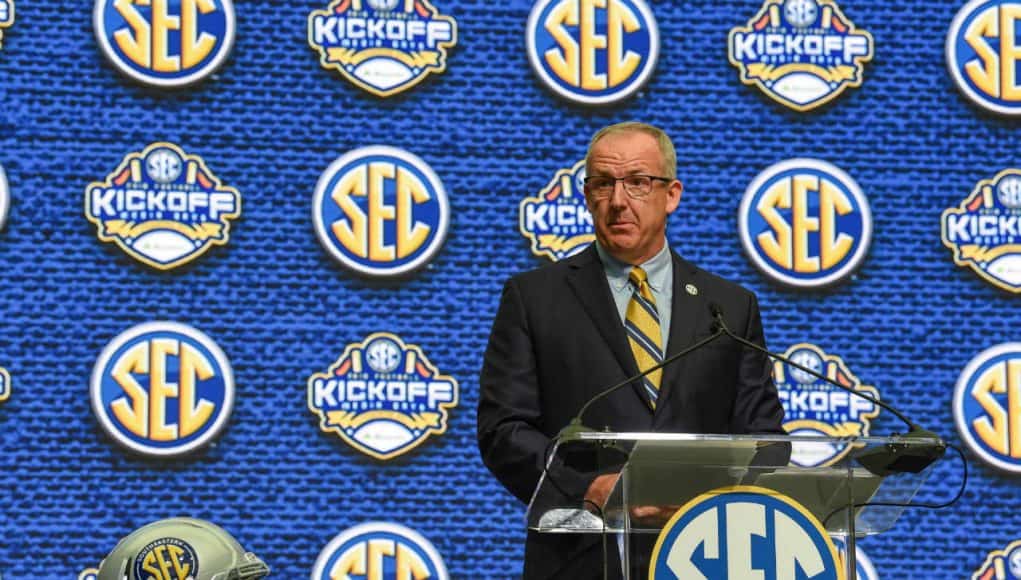 Jul 16, 2018; Atlanta, GA, USA; SEC commissioner Greg Sankey speaks during SEC football media day at the College Football Hall of Fame. Mandatory Credit: Dale Zanine-USA TODAY Sports