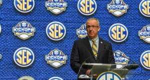Jul 16, 2018; Atlanta, GA, USA; SEC commissioner Greg Sankey speaks during SEC football media day at the College Football Hall of Fame. Mandatory Credit: Dale Zanine-USA TODAY Sports