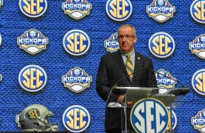 Jul 16, 2018; Atlanta, GA, USA; SEC commissioner Greg Sankey speaks during SEC football media day at the College Football Hall of Fame. Mandatory Credit: Dale Zanine-USA TODAY Sports