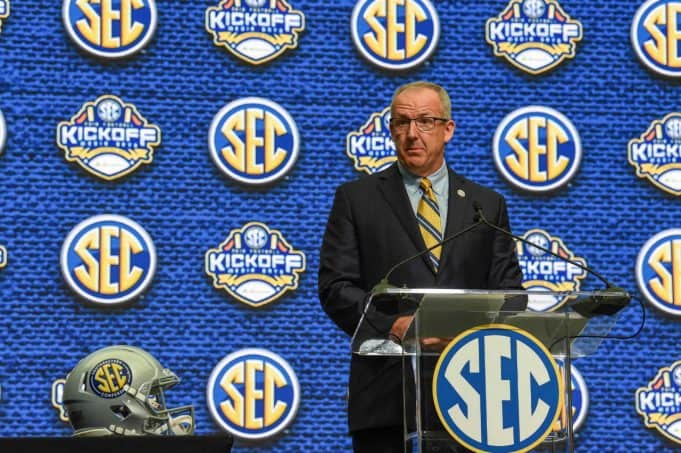 Jul 16, 2018; Atlanta, GA, USA; SEC commissioner Greg Sankey speaks during SEC football media day at the College Football Hall of Fame. Mandatory Credit: Dale Zanine-USA TODAY Sports