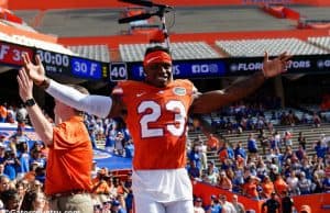 University of Florida defensive back Chauncey Gardner-Johnson celebrates with the band after the Orange and Blue Debut- Florida Gators football- 1280x853