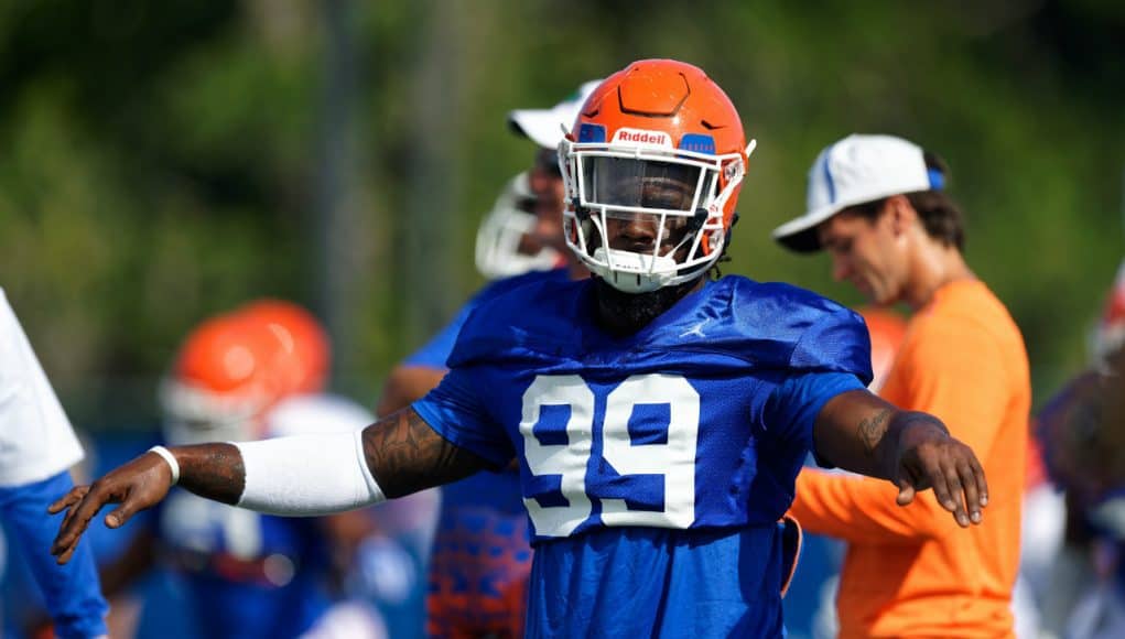 University of Florida defensive lineman Jachai Polite stretches before one of the Florida Gators fall practices- Florida Gators football- 1280x853