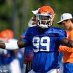 University of Florida defensive lineman Jachai Polite stretches before one of the Florida Gators fall practices- Florida Gators football- 1280x853