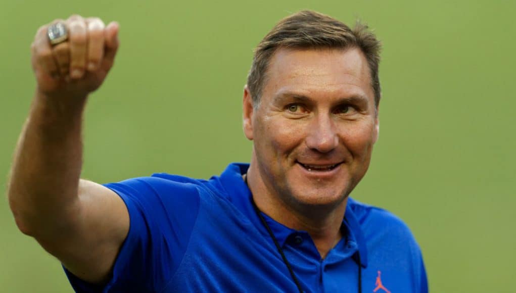 University of Florida head coach Dan Mullen speaks to campers at the Florida Gators Friday Night Lights football camp in 2018- Florida Gators football- 1280x853