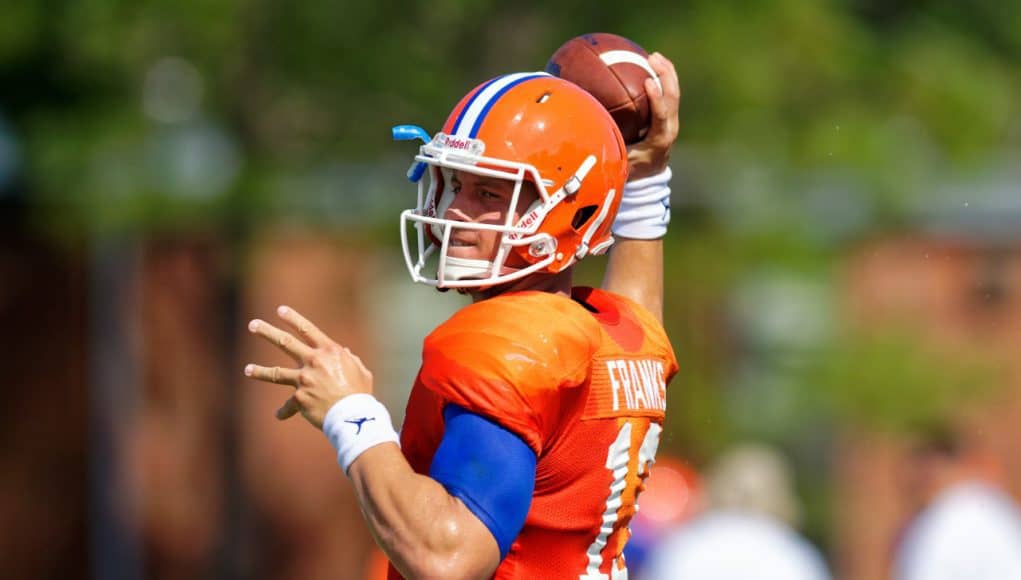 University of Florida quarterback Feleipe Franks throws a pass in a drill during fall camp- Florida Gators football- 1280x853