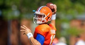 University of Florida quarterback Feleipe Franks throws a pass in a drill during fall camp- Florida Gators football- 1280x853