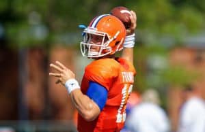 University of Florida quarterback Feleipe Franks throws a pass in a drill during fall camp- Florida Gators football- 1280x853