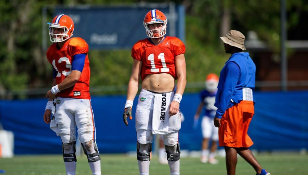 University of Florida quarterbacks Feleipe Franks and Kyle Trask going through passing drills during fall camp- Florida Gators football- 1280x853