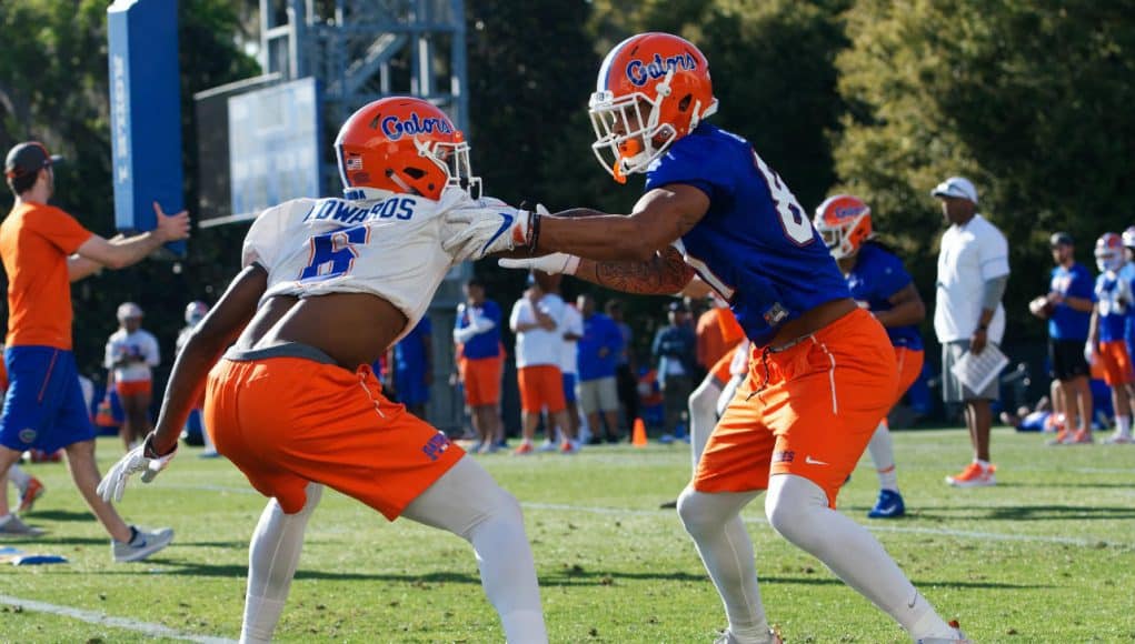University of Florida receiver Trevon grimes goes up against defensive back Brian Edwards in a one-on-one drill during spring football- Florida Gators football- 1280x853