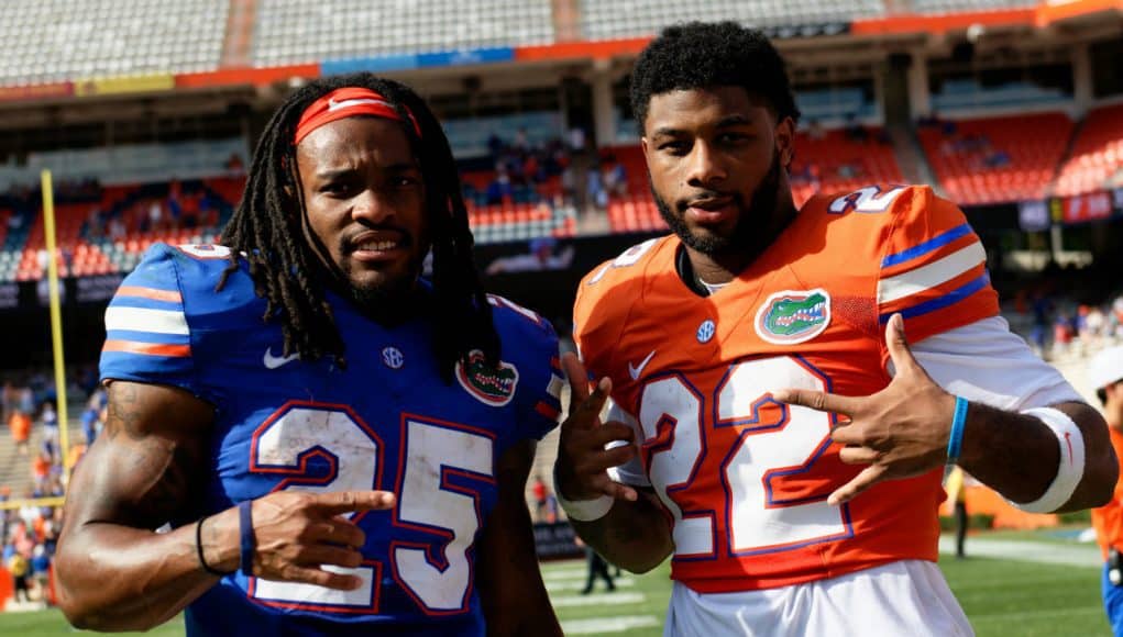 University of Florida running backs Jordan Scarlett and Lamical Perine pose for a picture after the Florida Gators spring game in 2018- Florida Gators baseball- 1280x853