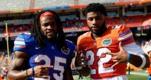 University of Florida running backs Jordan Scarlett and Lamical Perine pose for a picture after the Florida Gators spring game in 2018- Florida Gators baseball- 1280x853