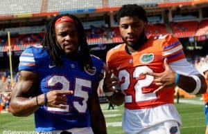 University of Florida running backs Jordan Scarlett and Lamical Perine pose for a picture after the Florida Gators spring game in 2018- Florida Gators baseball- 1280x853