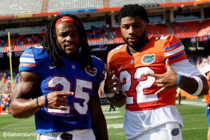 University of Florida running backs Jordan Scarlett and Lamical Perine pose for a picture after the Florida Gators spring game in 2018- Florida Gators baseball- 1280x853