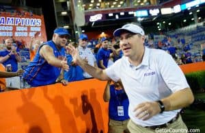 Florida Gators head coach Dan Mullen celebrates after his season debut win- 1280x852