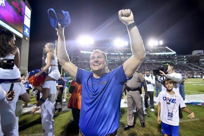 Florida Gators head coach Dan Mullen celebrates the win over Mississippi State- 1280x854