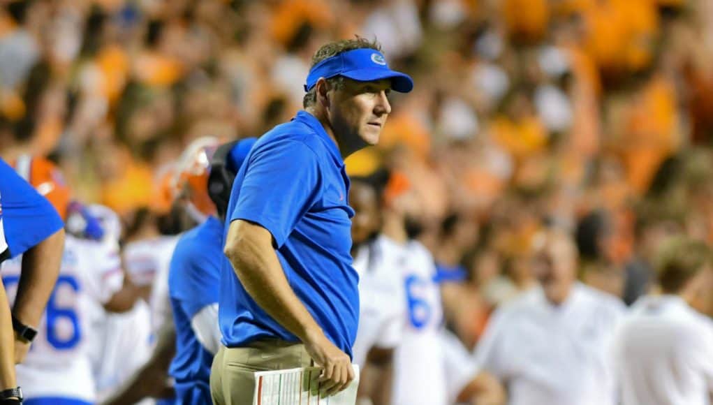 Florida Gators head coach Dan Mullen looks on during the Tennessee game- 1280x853