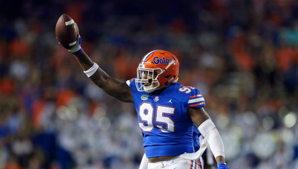 University of Florida defensive lineman Adam Shuler reacts after recovering a fumble against Charleston Southern– Florida Gators football- 1280x853