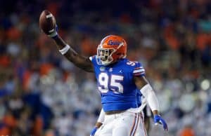 University of Florida defensive lineman Adam Shuler reacts after recovering a fumble against Charleston Southern– Florida Gators football- 1280x853