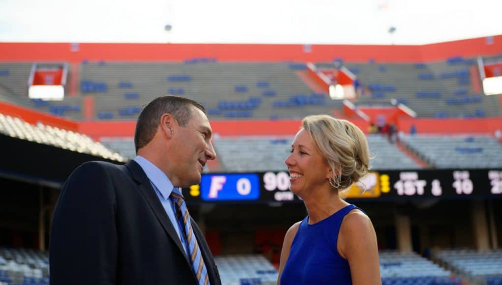 University of Florida head coach Dan Mullen and his wife Megan before the Florida Gators first game in 2018 against Charleston Southern- Florida Gators football- 1280x853